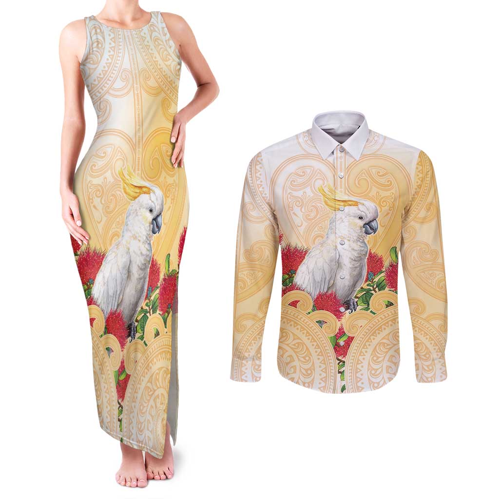 New Zealand Aotearoa Cockatoo Couples Matching Tank Maxi Dress and Long Sleeve Button Shirt Maori Pattern With Pohutukawa Flowers