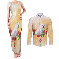 New Zealand Aotearoa Cockatoo Couples Matching Tank Maxi Dress and Long Sleeve Button Shirt Maori Pattern With Pohutukawa Flowers