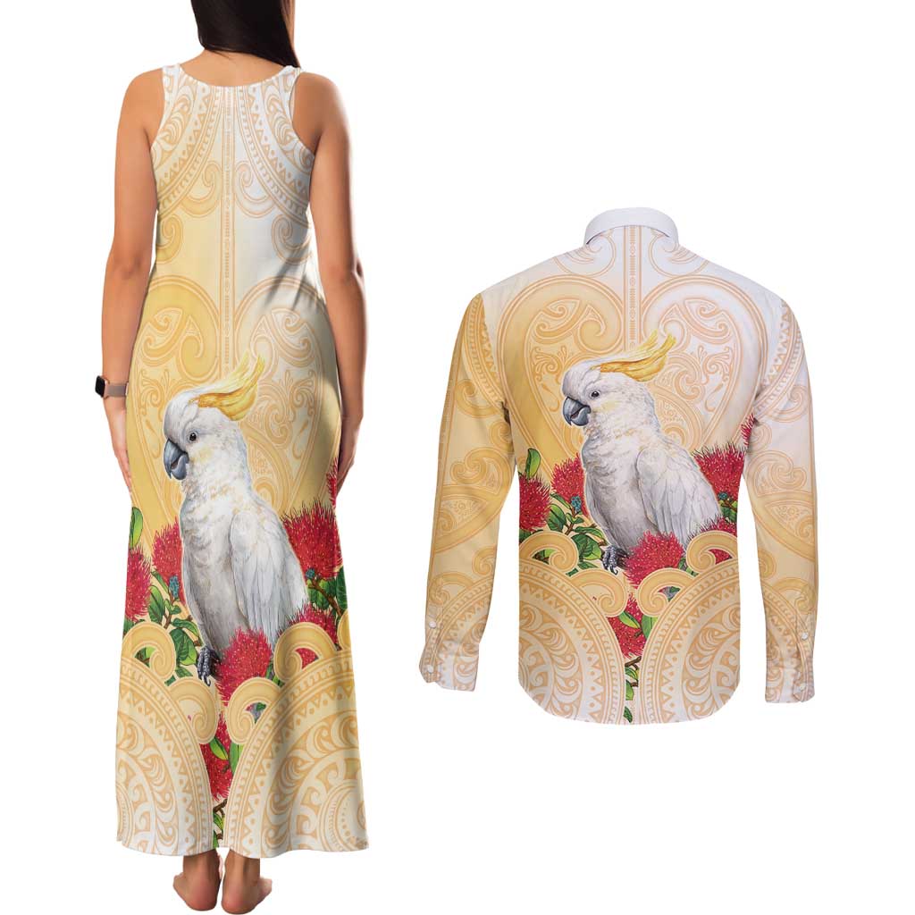 New Zealand Aotearoa Cockatoo Couples Matching Tank Maxi Dress and Long Sleeve Button Shirt Maori Pattern With Pohutukawa Flowers