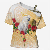 New Zealand Aotearoa Cockatoo Cross Shoulder Shirt Maori Pattern With Pohutukawa Flowers