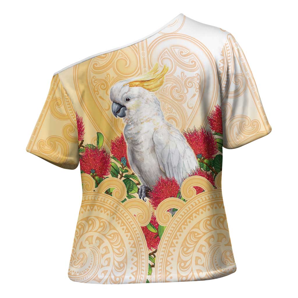 New Zealand Aotearoa Cockatoo Cross Shoulder Shirt Maori Pattern With Pohutukawa Flowers