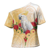 New Zealand Aotearoa Cockatoo Cross Shoulder Shirt Maori Pattern With Pohutukawa Flowers