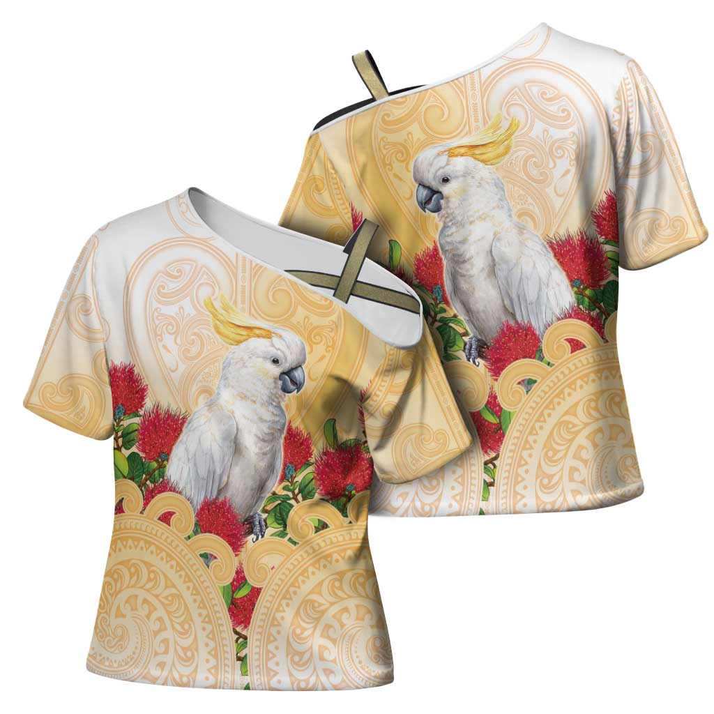 New Zealand Aotearoa Cockatoo Cross Shoulder Shirt Maori Pattern With Pohutukawa Flowers