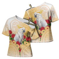 New Zealand Aotearoa Cockatoo Cross Shoulder Shirt Maori Pattern With Pohutukawa Flowers