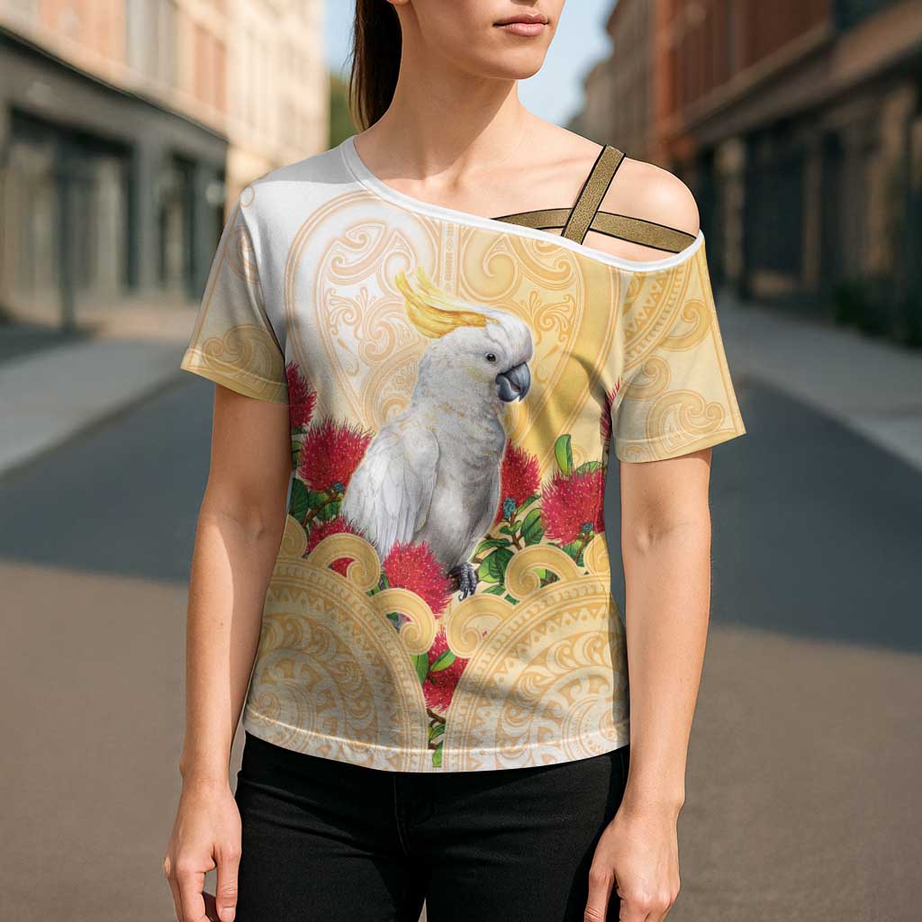 New Zealand Aotearoa Cockatoo Cross Shoulder Shirt Maori Pattern With Pohutukawa Flowers