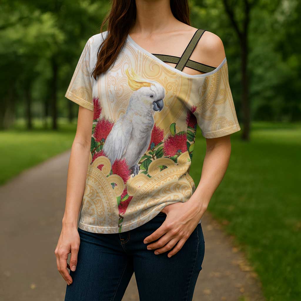 New Zealand Aotearoa Cockatoo Cross Shoulder Shirt Maori Pattern With Pohutukawa Flowers