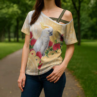 New Zealand Aotearoa Cockatoo Cross Shoulder Shirt Maori Pattern With Pohutukawa Flowers