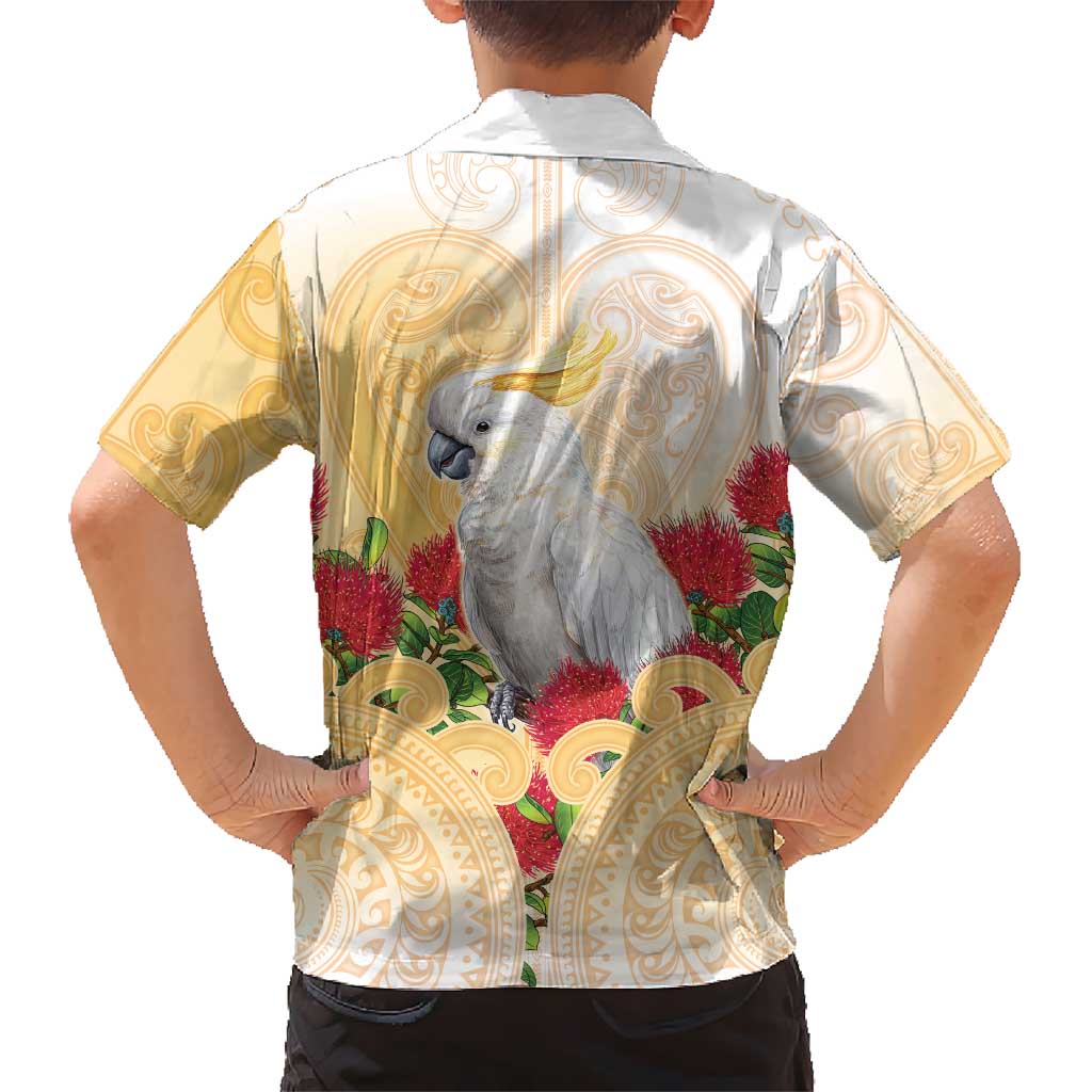 New Zealand Aotearoa Cockatoo Family Matching Short Sleeve Bodycon Dress and Hawaiian Shirt Maori Pattern With Pohutukawa Flowers