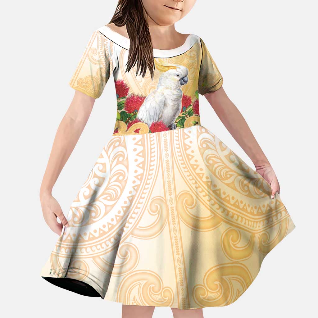 New Zealand Aotearoa Cockatoo Family Matching Short Sleeve Bodycon Dress and Hawaiian Shirt Maori Pattern With Pohutukawa Flowers