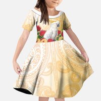 New Zealand Aotearoa Cockatoo Family Matching Short Sleeve Bodycon Dress and Hawaiian Shirt Maori Pattern With Pohutukawa Flowers