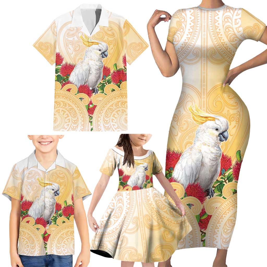 New Zealand Aotearoa Cockatoo Family Matching Short Sleeve Bodycon Dress and Hawaiian Shirt Maori Pattern With Pohutukawa Flowers