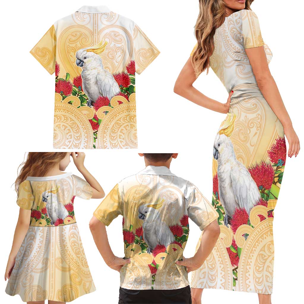 New Zealand Aotearoa Cockatoo Family Matching Short Sleeve Bodycon Dress and Hawaiian Shirt Maori Pattern With Pohutukawa Flowers