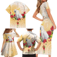 New Zealand Aotearoa Cockatoo Family Matching Short Sleeve Bodycon Dress and Hawaiian Shirt Maori Pattern With Pohutukawa Flowers