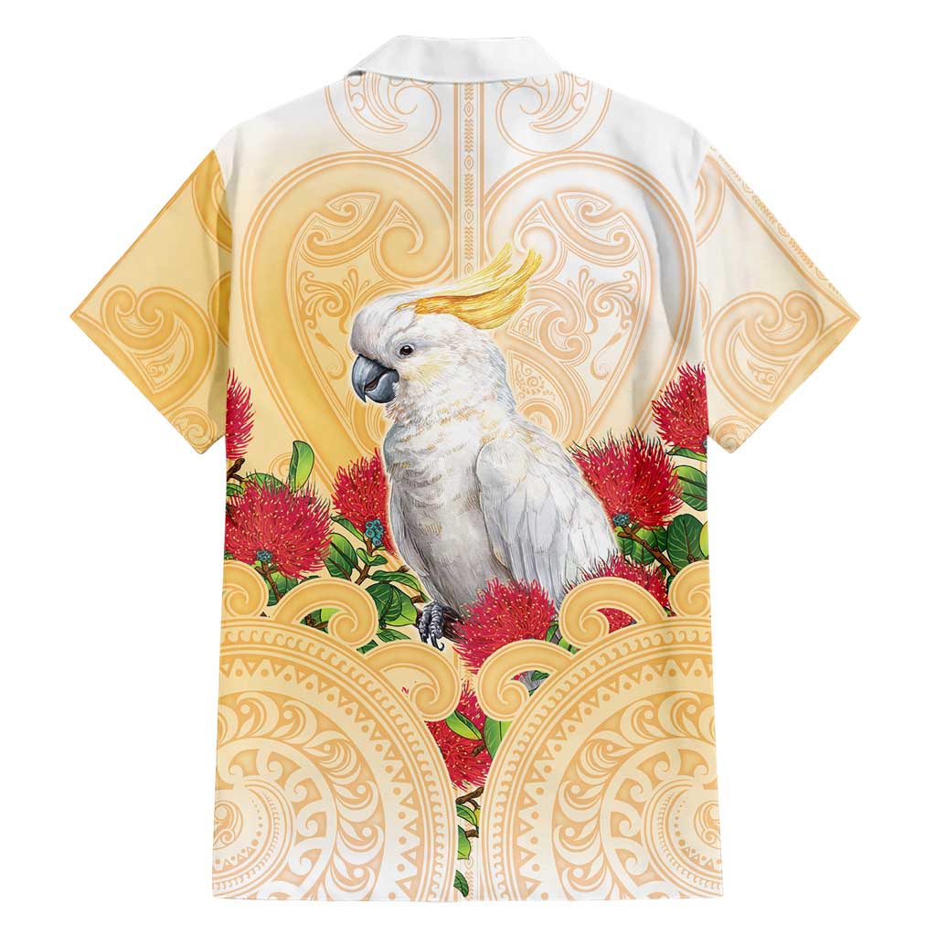 New Zealand Aotearoa Cockatoo Family Matching Short Sleeve Bodycon Dress and Hawaiian Shirt Maori Pattern With Pohutukawa Flowers