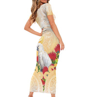 New Zealand Aotearoa Cockatoo Family Matching Short Sleeve Bodycon Dress and Hawaiian Shirt Maori Pattern With Pohutukawa Flowers