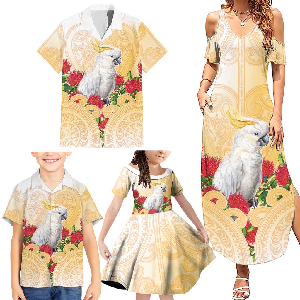 New Zealand Aotearoa Cockatoo Family Matching Summer Maxi Dress and Hawaiian Shirt Maori Pattern With Pohutukawa Flowers LT05 - Polynesian Pride