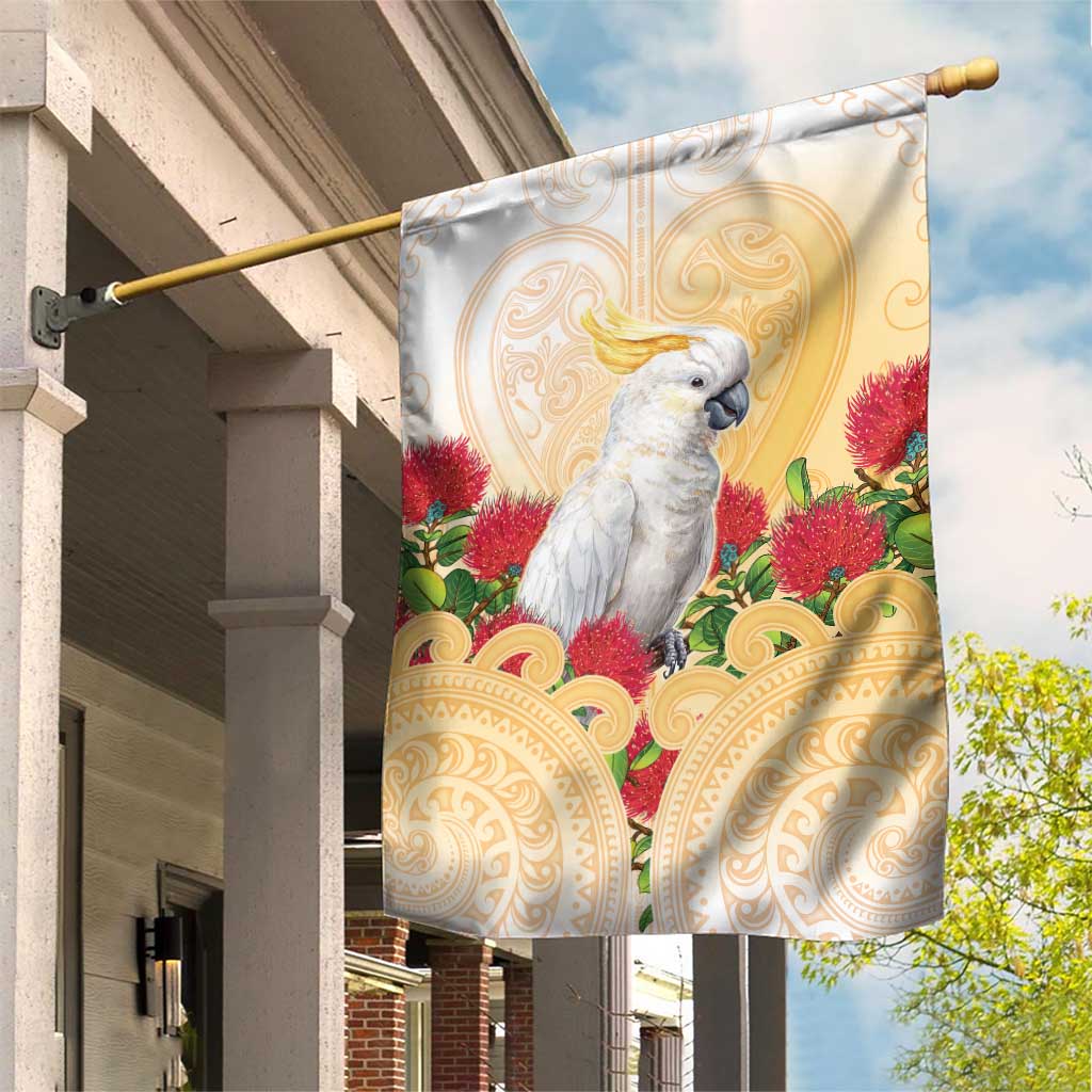 New Zealand Aotearoa Cockatoo Garden Flag Maori Pattern With Pohutukawa Flowers