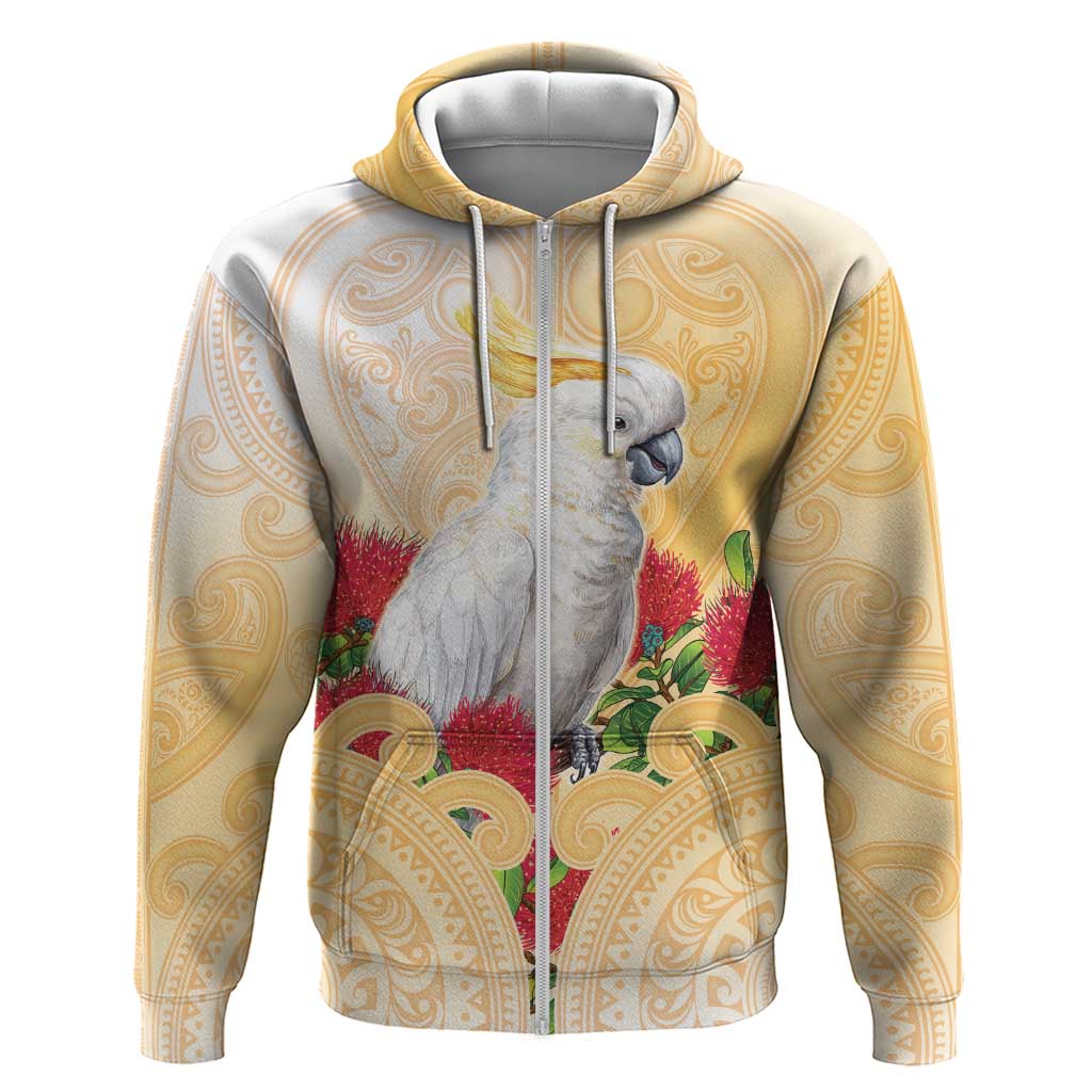 New Zealand Aotearoa Cockatoo Hoodie Maori Pattern With Pohutukawa Flowers LT05 Zip Hoodie Beige - Polynesian Pride
