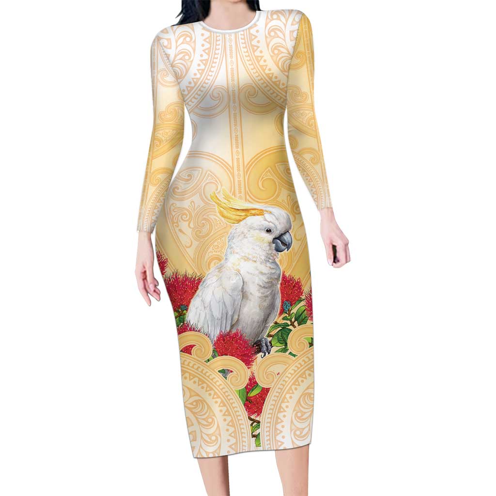 New Zealand Aotearoa Cockatoo Long Sleeve Bodycon Dress Maori Pattern With Pohutukawa Flowers