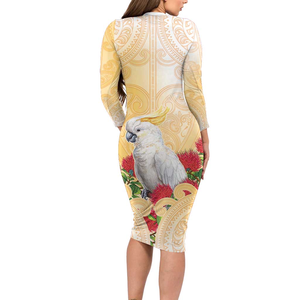 New Zealand Aotearoa Cockatoo Long Sleeve Bodycon Dress Maori Pattern With Pohutukawa Flowers