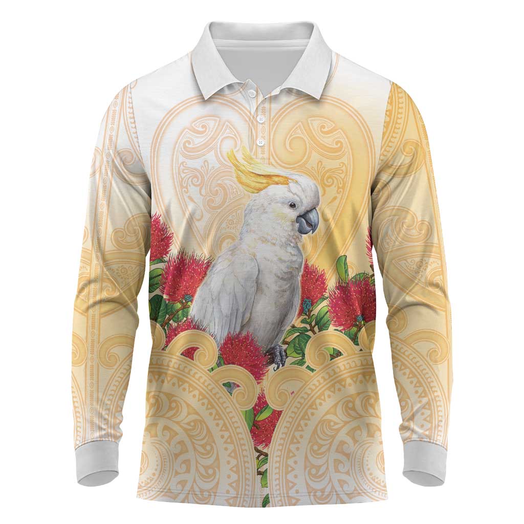 New Zealand Aotearoa Cockatoo Long Sleeve Polo Shirt Maori Pattern With Pohutukawa Flowers