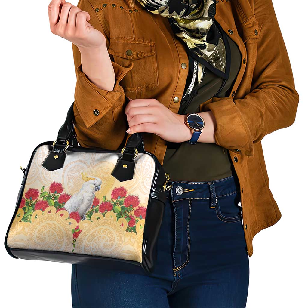 New Zealand Aotearoa Cockatoo Shoulder Handbag Maori Pattern With Pohutukawa Flowers LT05 - Polynesian Pride