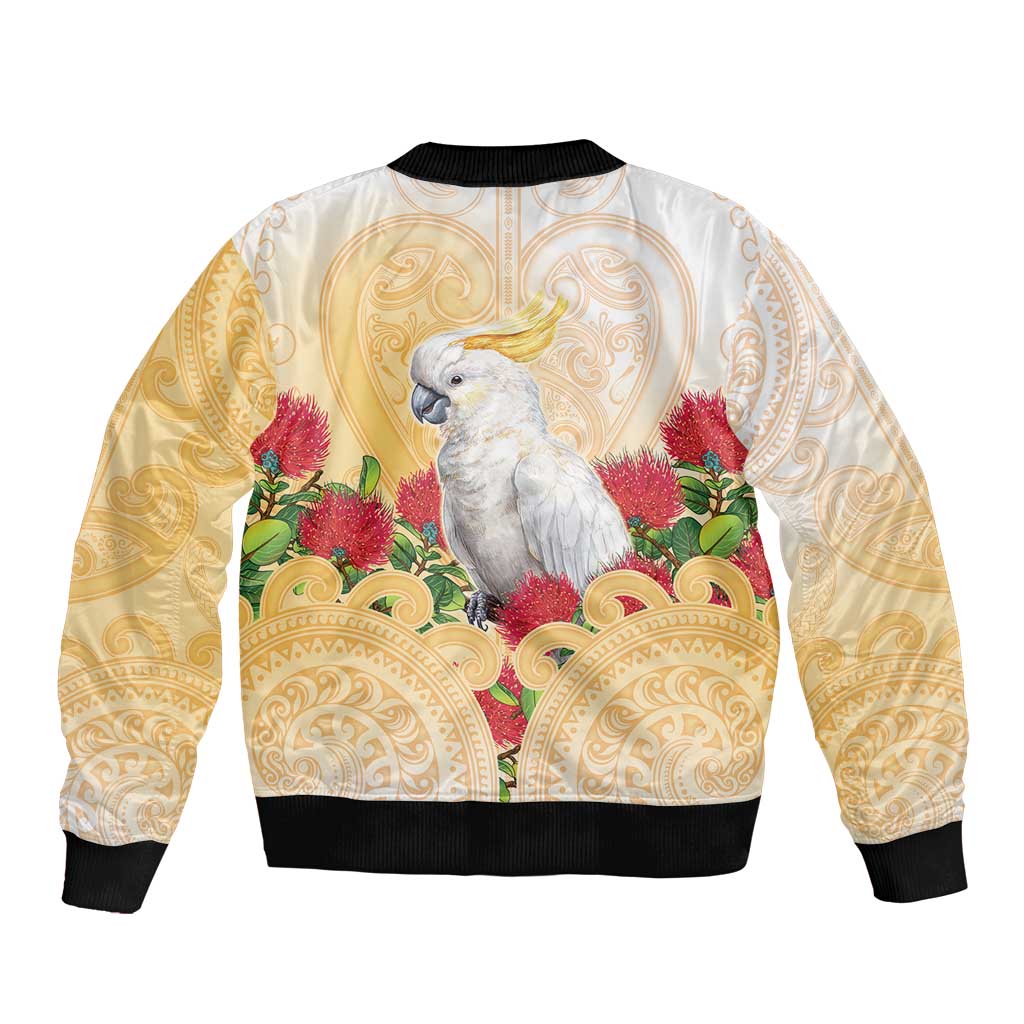New Zealand Aotearoa Cockatoo Sleeve Zip Bomber Jacket Maori Pattern With Pohutukawa Flowers LT05 - Polynesian Pride