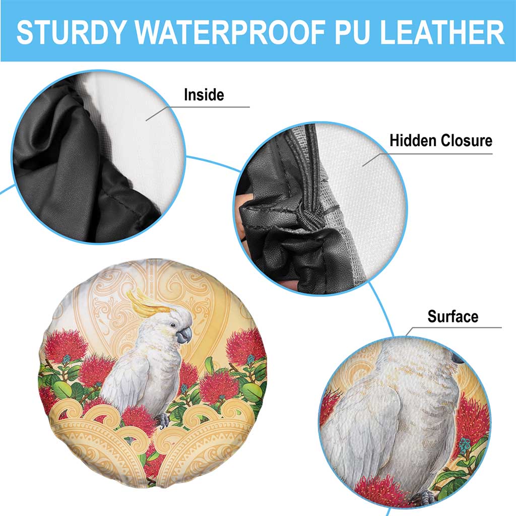 New Zealand Aotearoa Cockatoo Spare Tire Cover Maori Pattern With Pohutukawa Flowers