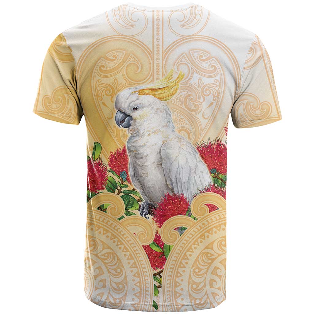 New Zealand Aotearoa Cockatoo T Shirt Maori Pattern With Pohutukawa Flowers LT05 - Polynesian Pride