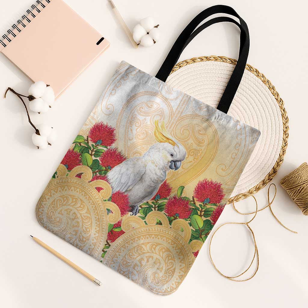 New Zealand Aotearoa Cockatoo Tote Bag Maori Pattern With Pohutukawa Flowers
