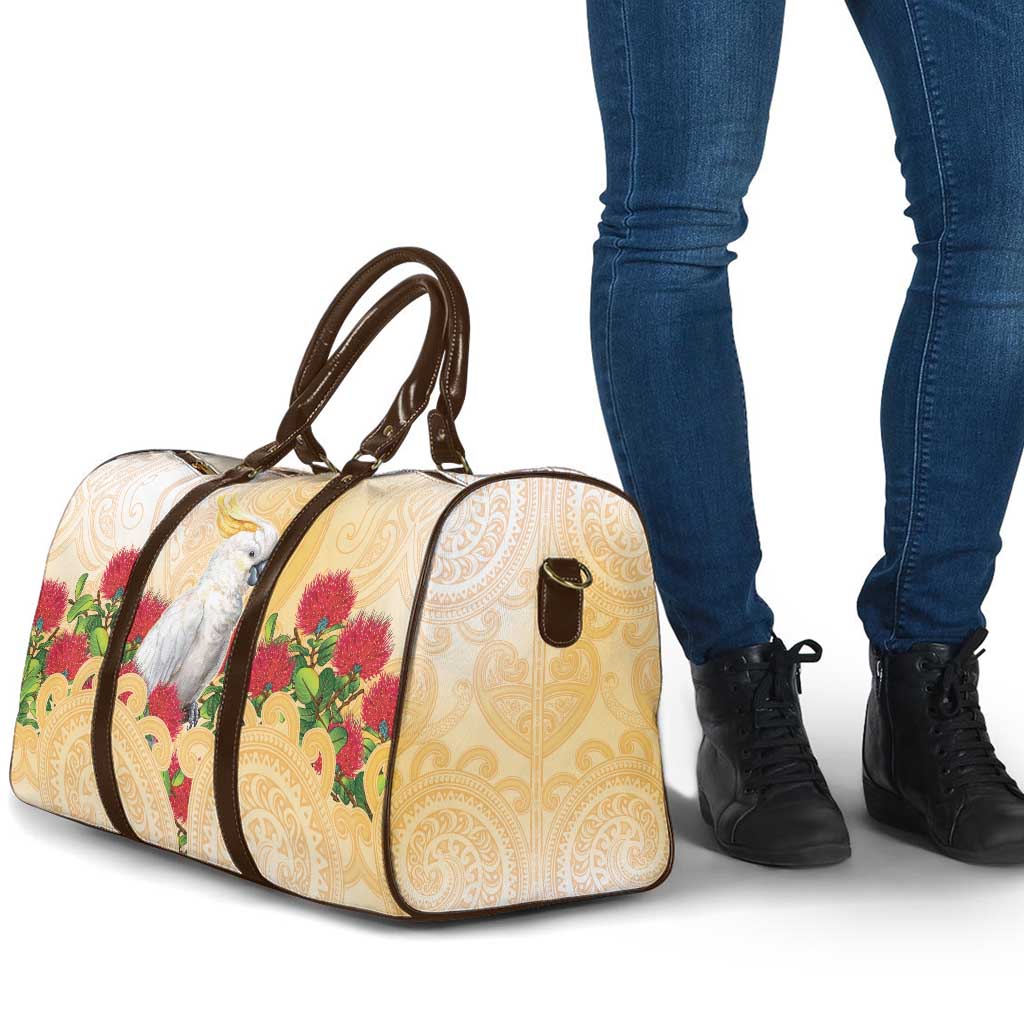 New Zealand Aotearoa Cockatoo Travel Bag Maori Pattern With Pohutukawa Flowers