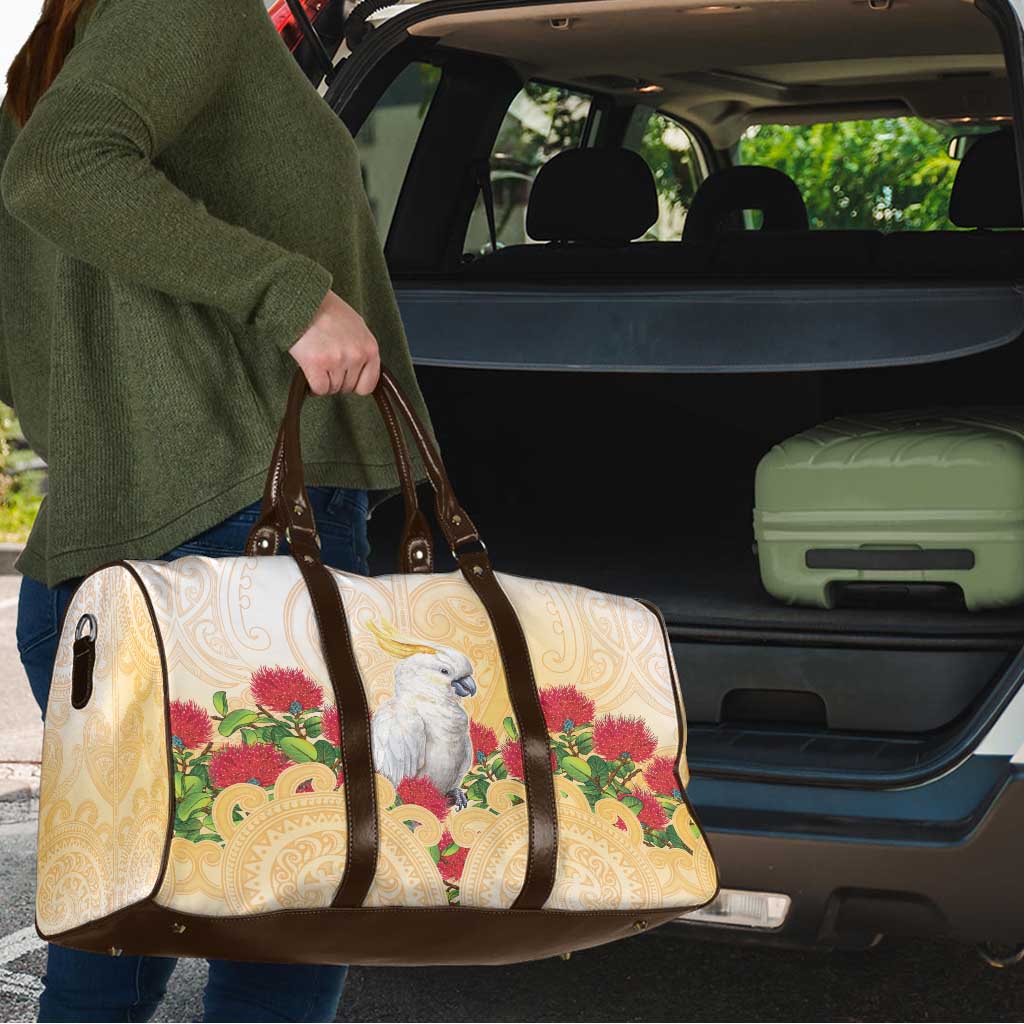 New Zealand Aotearoa Cockatoo Travel Bag Maori Pattern With Pohutukawa Flowers