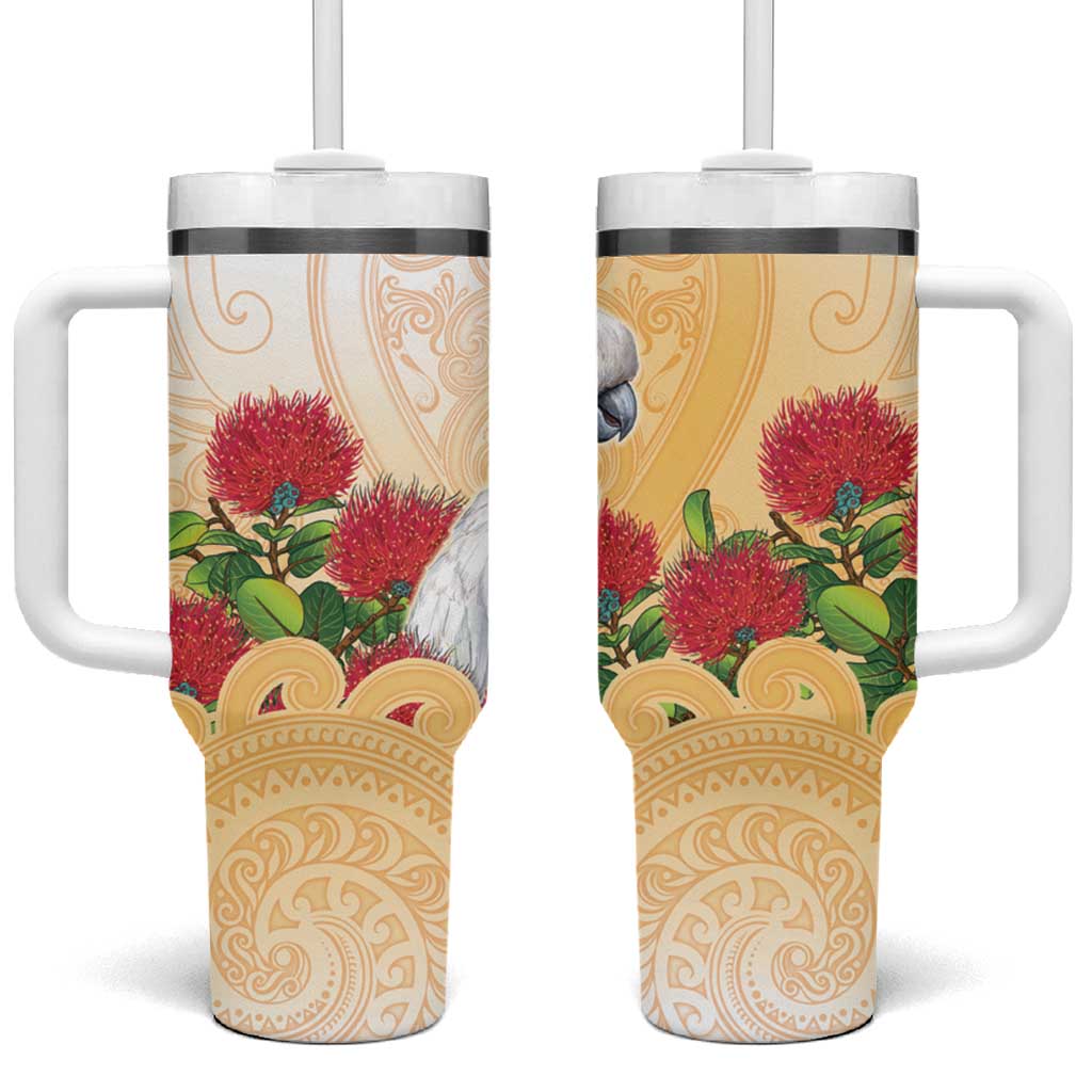 New Zealand Aotearoa Cockatoo Tumbler With Handle Maori Pattern With Pohutukawa Flowers LT05 One Size: 40 oz Beige - Polynesian Pride