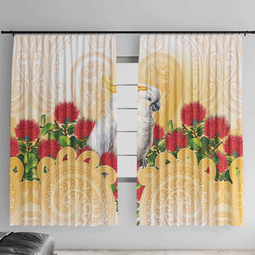 New Zealand Aotearoa Cockatoo Window Curtain Maori Pattern With Pohutukawa Flowers LT05 With Hooks Beige - Polynesian Pride