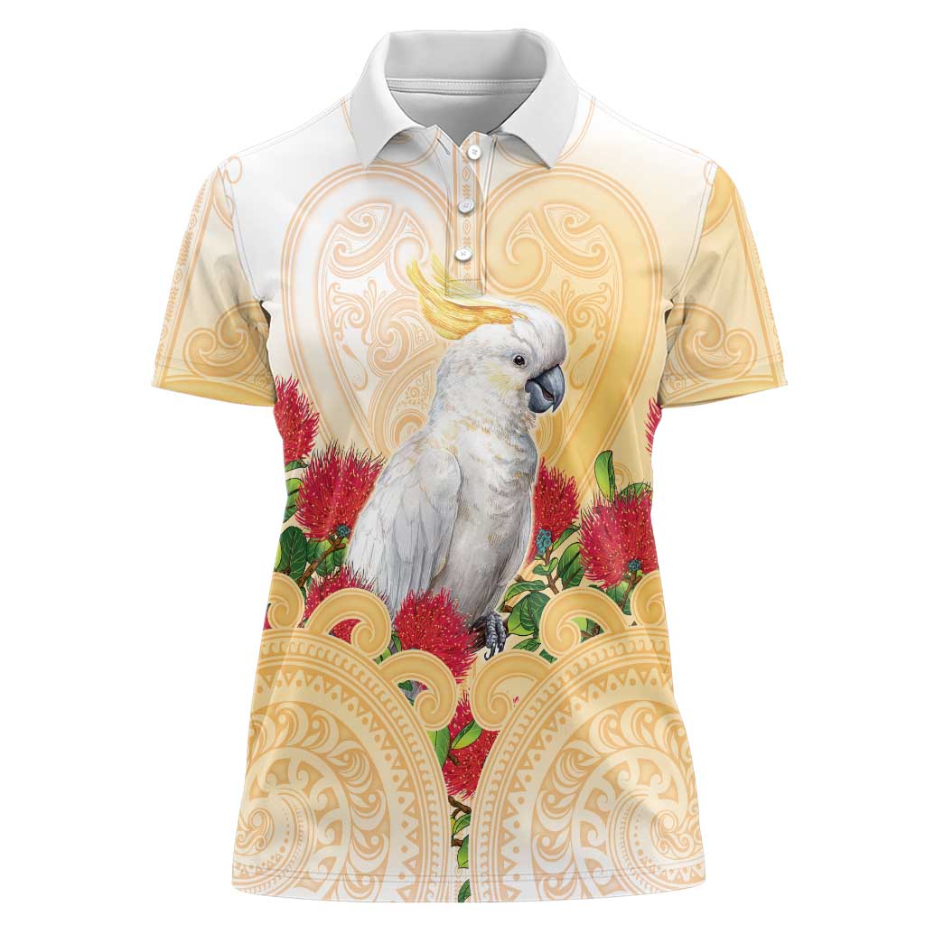 New Zealand Aotearoa Cockatoo Women Polo Shirt Maori Pattern With Pohutukawa Flowers