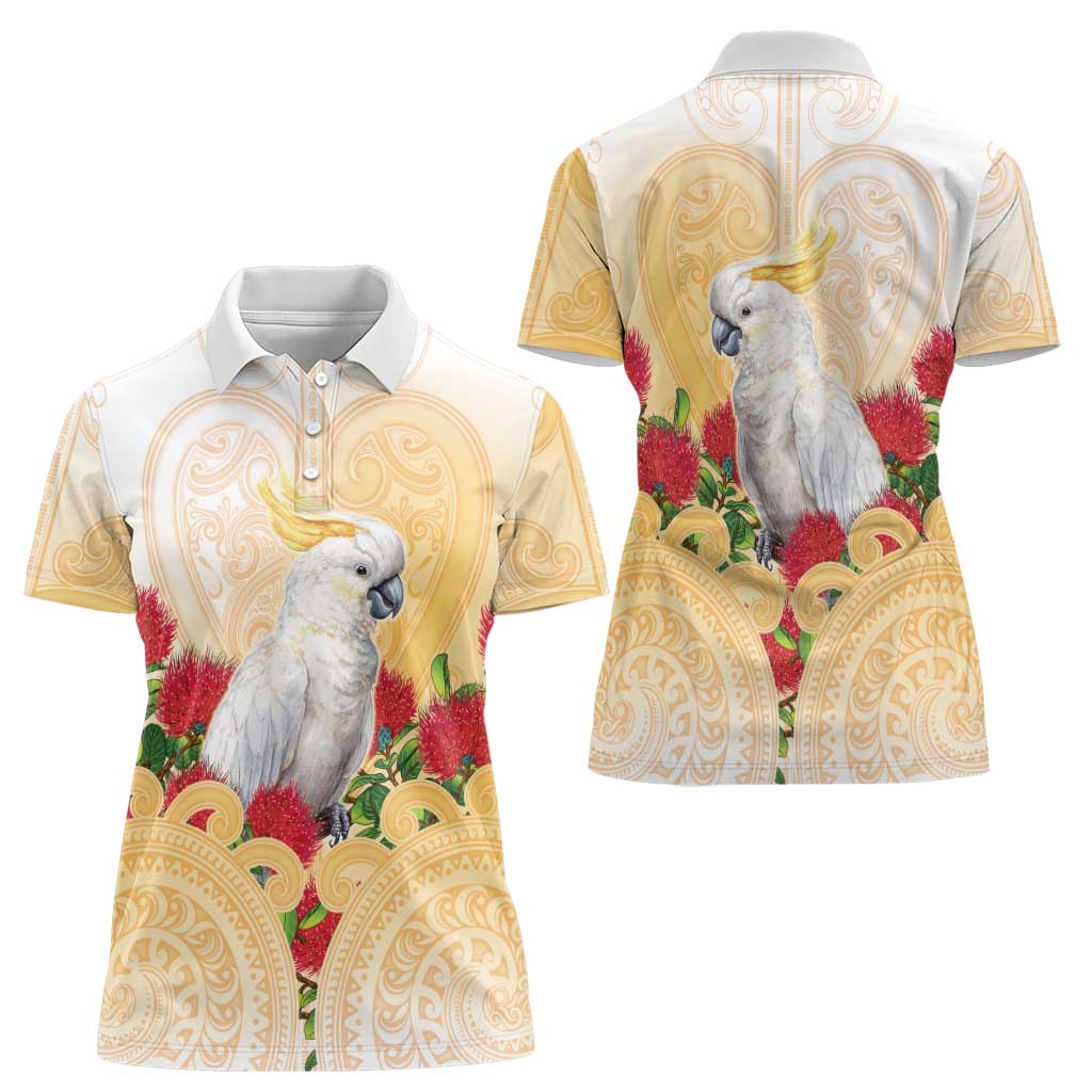 New Zealand Aotearoa Cockatoo Women Polo Shirt Maori Pattern With Pohutukawa Flowers