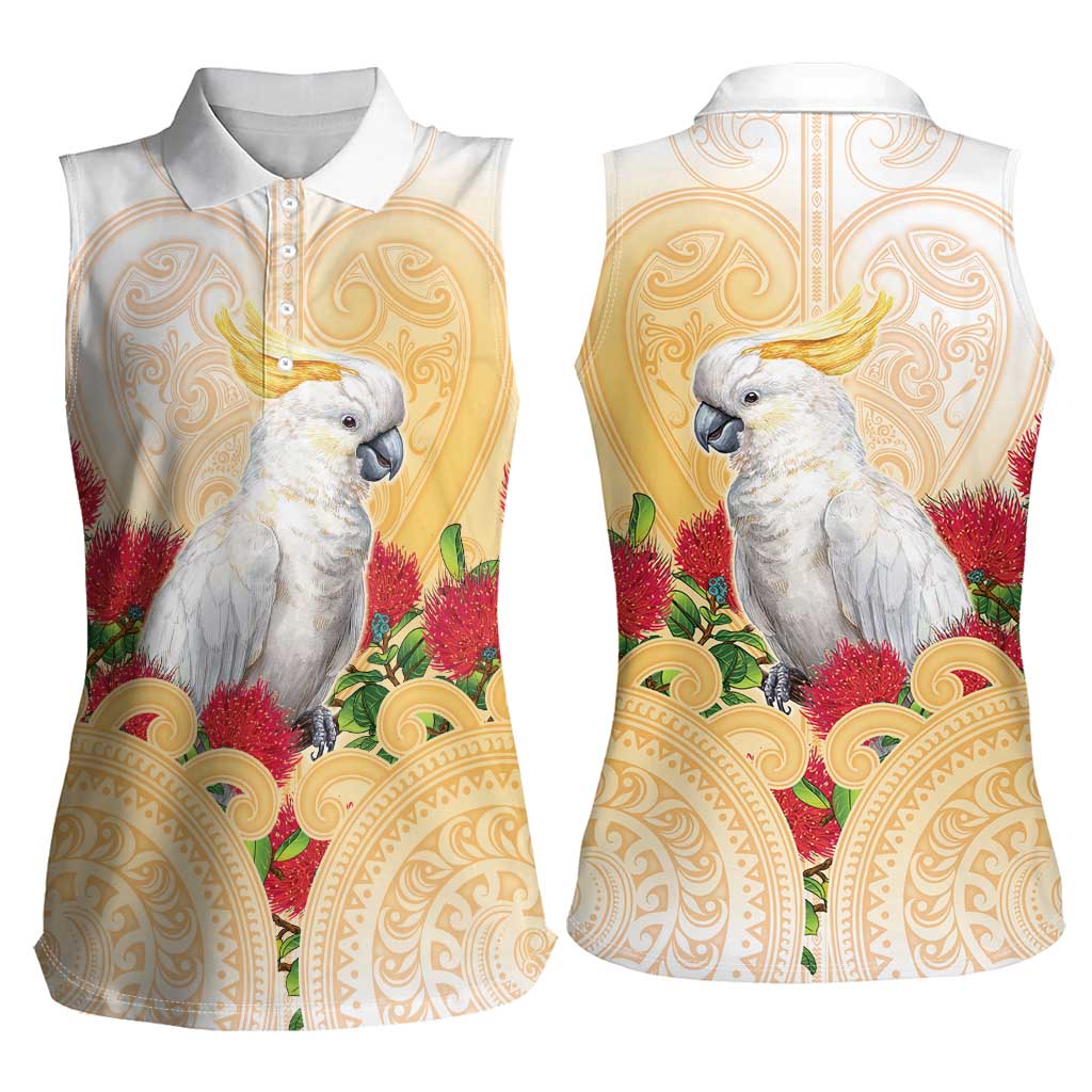 New Zealand Aotearoa Cockatoo Women Sleeveless Polo Shirt Maori Pattern With Pohutukawa Flowers