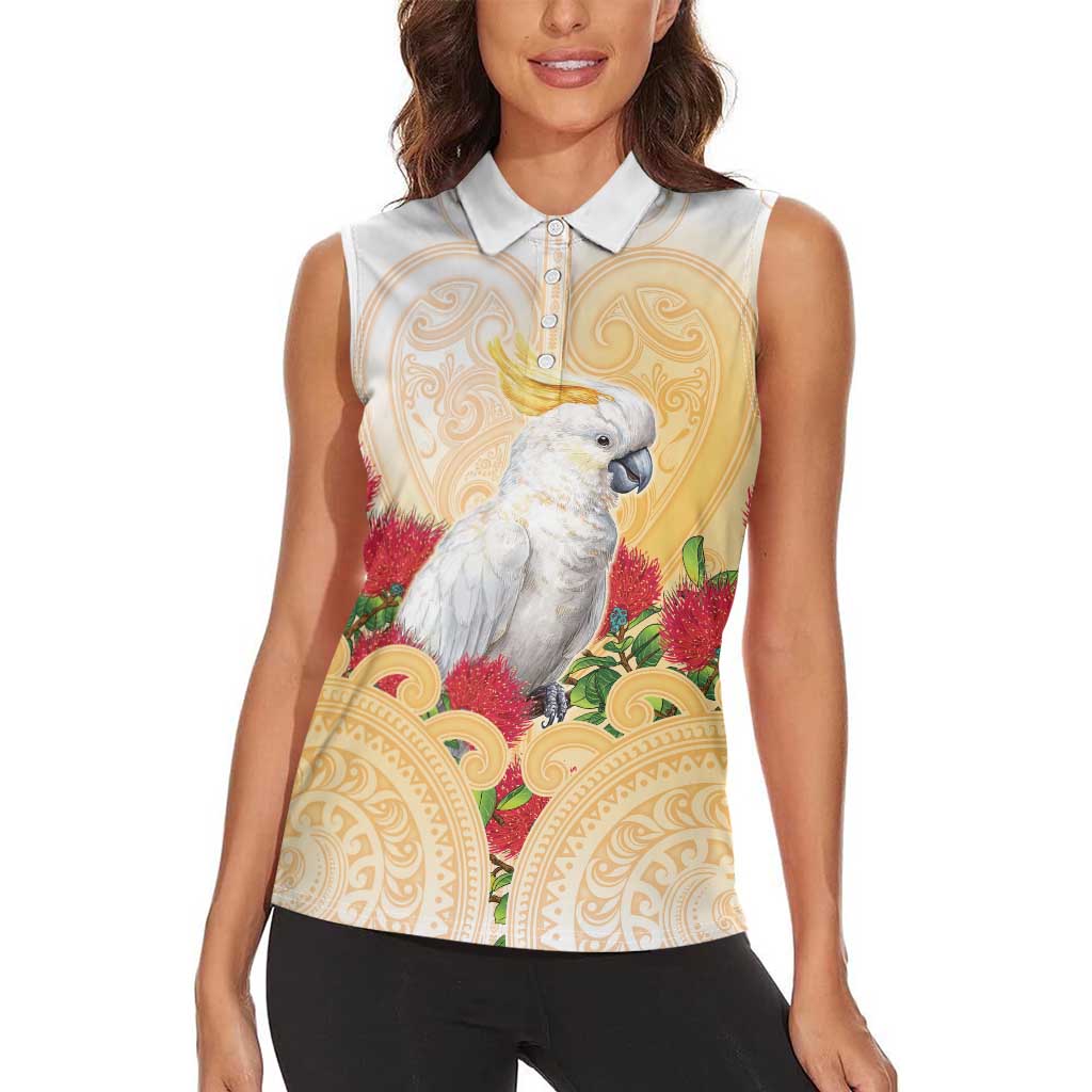 New Zealand Aotearoa Cockatoo Women Sleeveless Polo Shirt Maori Pattern With Pohutukawa Flowers