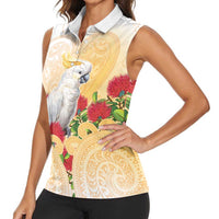 New Zealand Aotearoa Cockatoo Women Sleeveless Polo Shirt Maori Pattern With Pohutukawa Flowers