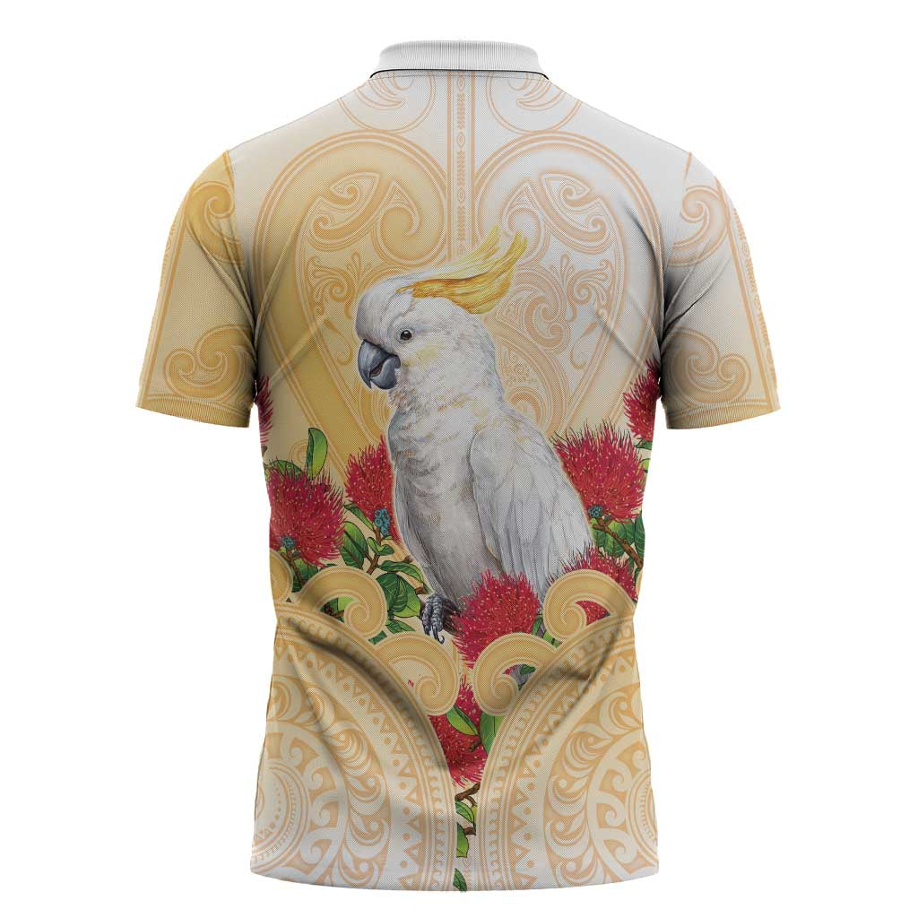New Zealand Aotearoa Cockatoo Zipper Polo Shirt Maori Pattern With Pohutukawa Flowers
