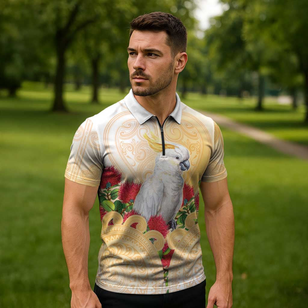 New Zealand Aotearoa Cockatoo Zipper Polo Shirt Maori Pattern With Pohutukawa Flowers