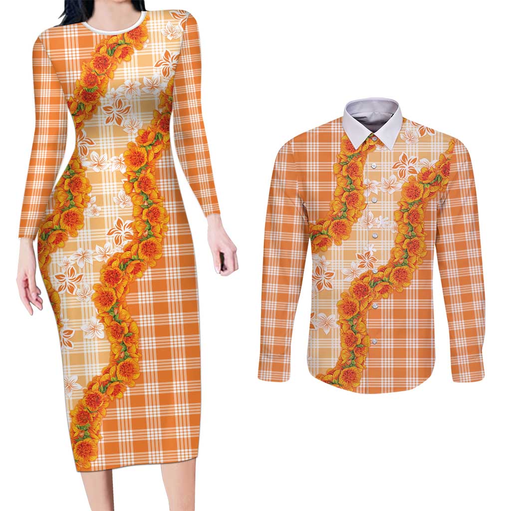 Orange Hawaii Palaka Couples Matching Long Sleeve Bodycon Dress and Long Sleeve Button Shirt Hawaiian Ilima Lei