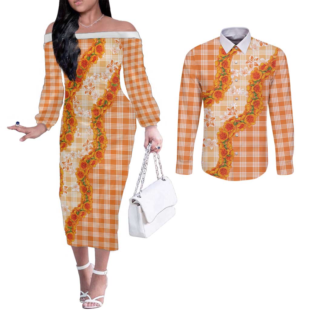 Orange Hawaii Palaka Couples Matching Off The Shoulder Long Sleeve Dress and Long Sleeve Button Shirt Hawaiian Ilima Lei