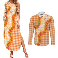 Orange Hawaii Palaka Couples Matching Summer Maxi Dress and Long Sleeve Button Shirt Hawaiian Ilima Lei LT05 Orange - Polynesian Pride