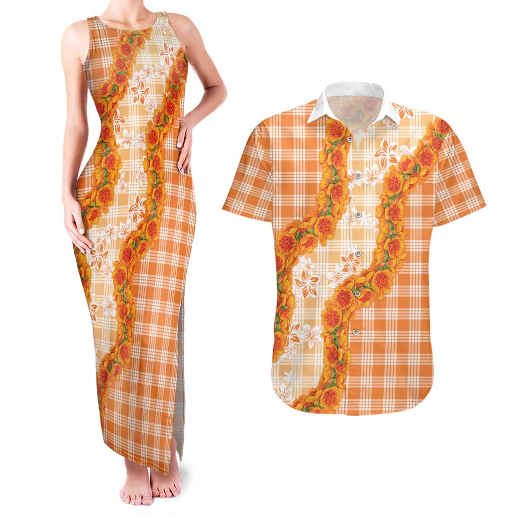 Orange Hawaii Palaka Couples Matching Tank Maxi Dress and Hawaiian Shirt Hawaiian Ilima Lei LT05 Orange - Polynesian Pride