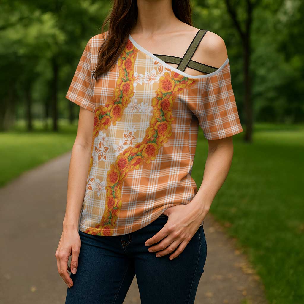 Orange Hawaii Palaka Cross Shoulder Shirt Hawaiian Ilima Lei