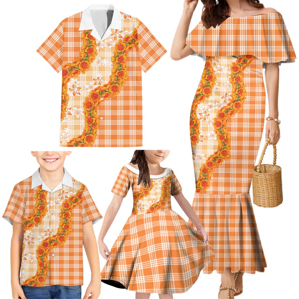 Orange Hawaii Palaka Family Matching Mermaid Dress and Hawaiian Shirt Hawaiian Ilima Lei LT05 - Polynesian Pride