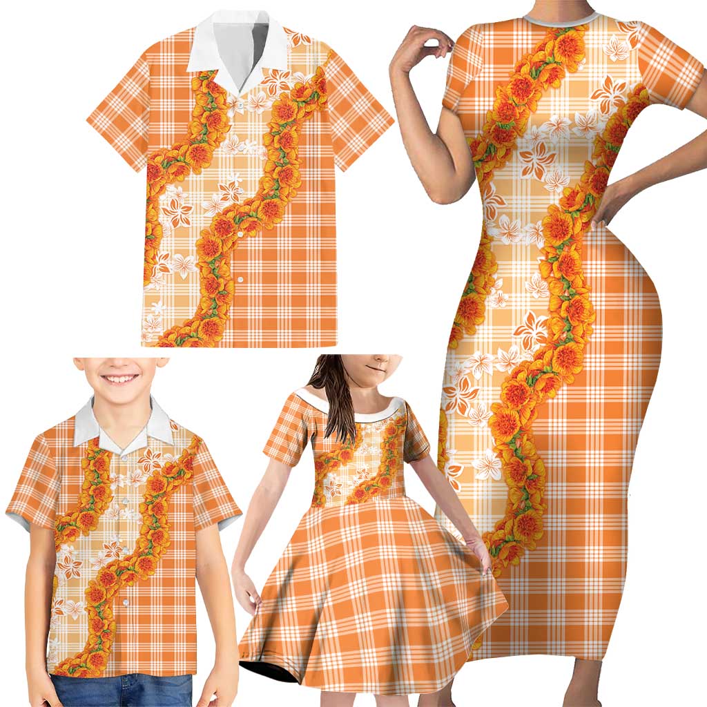 Orange Hawaii Palaka Family Matching Short Sleeve Bodycon Dress and Hawaiian Shirt Hawaiian Ilima Lei LT05 - Polynesian Pride