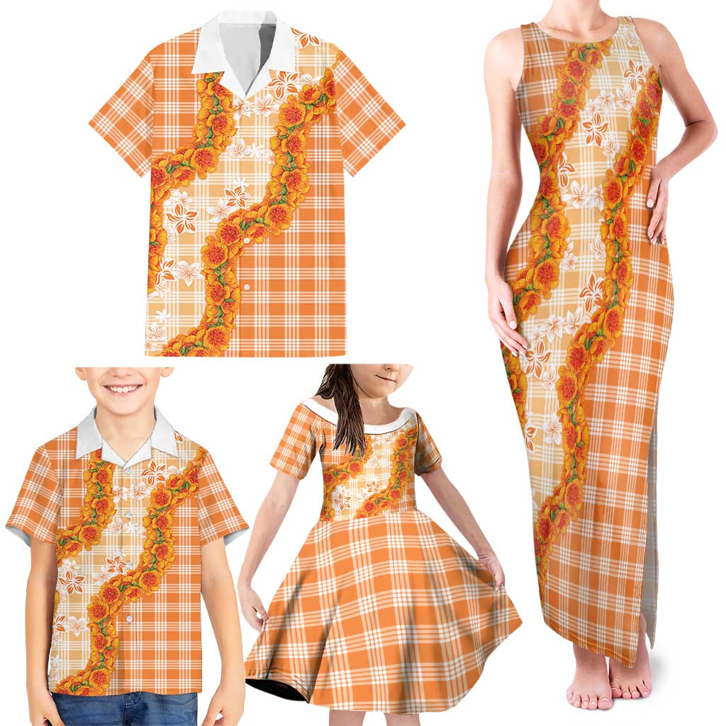 Orange Hawaii Palaka Family Matching Tank Maxi Dress and Hawaiian Shirt Hawaiian Ilima Lei