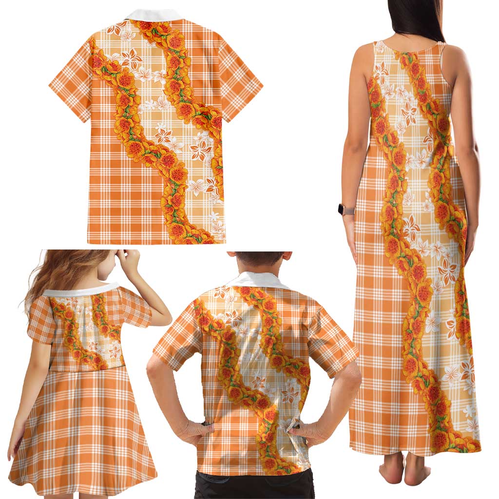 Orange Hawaii Palaka Family Matching Tank Maxi Dress and Hawaiian Shirt Hawaiian Ilima Lei